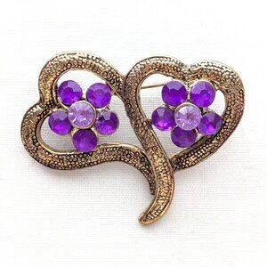Double Heart Flower Brooch Pin Vintage Victorian Revival Nature Floral Jewelry